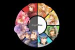  ayumitsuu azelle_(fire_emblem) blonde_hair blue_hair brigid_(fire_emblem) closed_mouth color_wheel_challenge deirdre_(fire_emblem) dress ethlyn_(fire_emblem) ethlyn_(masquerade)_(fire_emblem) finn_(fire_emblem) fire_emblem fire_emblem:_genealogy_of_the_holy_war fur_trim green_hair headband highres lachesis_(fire_emblem) lachesis_(masquerade)_(fire_emblem) lewyn_(fire_emblem) lex_(fire_emblem) long_hair multiple_boys multiple_drawing_challenge multiple_girls pink_eyes pink_hair ponytail purple_eyes purple_hair red_eyes red_hair scarf short_hair sigurd_(fire_emblem) smile tailtiu_(fire_emblem) white_headband 