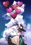  1girl absurdres balloon black_headwear blue_sky bowler_hat cloud cloudy_sky embryo frilled_cuffs frilled_skirt frills hat hat_ribbon heart_balloon highres komeiji_koishi long_sleeves ribbon skirt sky solo t_terano touhou wide_sleeves yellow_ribbon 