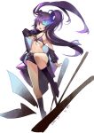  1girl 2018 :d bikini bikini_top_only black_footwear black_rock_shooter black_rock_shooter_(character) black_shorts blue_eyes boots brs_(zjm_zym) dated flat_chest floating_hair front-tie_bikini_top front-tie_top groin hair_between_eyes knee_boots long_hair long_sleeves navel open_mouth purple_bikini purple_hair short_shorts shorts smile solo stomach swimsuit twintails very_long_hair white_background 