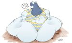  2023 anthro back_fat big_butt butt clothing cloudboyo fat_arms female fur grey_hair hair hi_res huge_butt huge_hips mammal obese obese_anthro obese_female overweight overweight_anthro overweight_female pattern_clothing signature simple_background solo speech_bubble striped_clothing stripes tail tem temmie_(undertale) thick_thighs undertale undertale_(series) white_background white_body white_fur white_tail wide_hips 