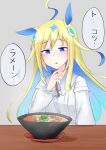  1girl absurdres ahoge animal_ears blonde_hair blue_eyes blue_hair blush chopsticks food highres holding holding_chopsticks horse_girl kamen_rider kamen_rider_kabuto_(series) long_sleeves matsuba_mattsu multicolored_hair neo_universe_(umamusume) noodles puffy_long_sleeves puffy_sleeves ramen shirt solo speech_bubble umamusume white_shirt 