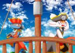  2others absurdres blue_fur blue_sky body_fur cinderace cinderace_(captain) clothed_pokemon furry hat highres holding_telescope lucario lucario_(captain) multiple_others pirate_costume pirate_hat pirate_ship pokemon pokemon_(creature) pokemon_(game) pokemon_unite red_eyes red_fur sky spikes telescope white_fur wind wooden_railing yellow_fur 