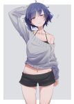  1girl asymmetrical_sidelocks black_shorts blue_hair blunt_bangs bocchi_the_rock! border collarbone cowboy_shot dot_nose eito12 grey_sweater groin hand_in_own_hair highres light_blush lowleg lowleg_shorts midriff navel off-shoulder_sweater off_shoulder outside_border short_hair short_shorts shorts single_bare_shoulder sleep_bubble sleeves_past_wrists solo sweater white_border yamada_ryo yellow_eyes 