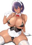  1girl apron arm_support ass_visible_through_thighs bikini black_bikini blush bow bowtie breasts cameltoe dark_skin detached_collar gloves hair_between_eyes jk_maid-chan_(ranhatu) large_breasts maid maid_apron maid_headdress open_mouth original purple_hair ranhatu red_bow red_bowtie red_eyes shadow shiny_skin short_hair sitting skindentation solo swimsuit thick_thighs thighhighs thighs white_background white_gloves white_thighhighs 
