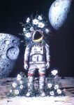  1other absurdres astronaut chromatic_aberration crater flower helmet highres hiromumaru leaf moon original plant signature solo space_helmet spacesuit standing white_flower wide_shot 