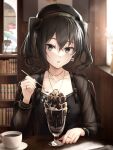  1girl black_eyes black_hair black_headwear black_shirt blurry blurry_background book bookshelf breasts collarbone crossed_bangs cup earrings food hair_between_eyes hat highres holding holding_spoon ice_cream ice_cream_spoon idolmaster idolmaster_cinderella_girls indoors jewelry light_blush looking_at_viewer medium_hair mole mole_under_eye multiple_rings nakata_(nkt_vvd) necklace parted_lips ring saucer see-through see-through_sleeves shirt small_breasts solo spoon sunazuka_akira sundae table twintails window 