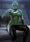  2022 alien alien_humanoid asari boots breasts clothed clothing facial_markings female footwear gloves green_body green_eyes green_skin handwear head_markings humanoid legwear looking_at_viewer markings mass_effect not_furry shiala sitting solo thigh_boots thigh_highs ynorka 