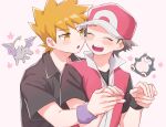  2boys :o aerodactyl blonde_hair blue_oak blush closed_eyes collared_shirt commentary_request hat holding_hands male_focus mochi_(mocchi_p_2m) multiple_boys open_mouth pink_headwear pink_vest pokemon pokemon_(game) pokemon_frlg purple_wristband red_(pokemon) shirt short_hair short_sleeves snorlax spiked_hair t-shirt teeth upper_body upper_teeth_only vest white_background wristband yellow_eyes 