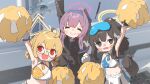  3girls amonitto animal_ears arm_up armband black_coat black_eyes black_hair blonde_hair blue_archive blush breasts cheerleader closed_eyes coat crop_top dog_ears dog_girl dog_tail drone glasses gloves hibiki_(blue_archive) hibiki_(cheer_squad)_(blue_archive) highres holding kotori_(blue_archive) kotori_(cheer_squad)_(blue_archive) large_breasts long_hair looking_at_viewer low_twintails medium_breasts midriff multiple_girls open_mouth pom_pom_(cheerleading) purple_hair red_eyes short_twintails skirt smile sweat tail teeth twintails upper_teeth_only utaha_(blue_archive) utaha_(cheer_squad)_(blue_archive) very_long_hair white_gloves 