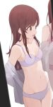  2girls bra breasts brown_hair clothes_pull collarbone grey_bra highres hiroki_(yyqw7151) idolmaster idolmaster_shiny_colors long_hair multiple_girls navel open_clothes open_shirt osaki_amana osaki_tenka panties shirt shirt_pull siblings simple_background sisters small_breasts smile solo_focus stomach straight_hair twins underwear white_background white_shirt 
