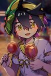  1boy :d black_hair blurry blush candy_apple colored_inner_hair commentary_request crossed_bangs depth_of_field festival flying_sweatdrops food hair_between_eyes hairband highres kieran_(pokemon) looking_at_viewer male_focus mask mask_on_head multicolored_hair night oou_(tafc4385) open_mouth outdoors pokemon pokemon_(game) pokemon_sv shirt short_hair short_sleeves smile solo teeth tongue upper_teeth_only white_shirt yellow_eyes yellow_hairband 