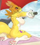  absurd_res anthro bandai_namco beach black_sclera blush breasts butt canid canine digimon digimon_(species) featureless_breasts female fur hi_res mammal nude rapel renamon seaside smile solo water white_body white_fur yellow_body yellow_fur 