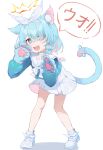  +_+ 1girl absurdres animal_ear_fluff animal_ears animal_hands arona_(blue_archive) ayaha_4780828 bare_legs blue_archive blue_eyes blue_hair blue_shirt bow_hairband cat_ears cat_girl cat_paws cat_tail chinese_commentary choker claw_pose colored_inner_hair commentary_request fang gloves hair_over_one_eye hair_ribbon hairband halo hands_up highres kemonomimi_mode light_blue_hair long_sleeves miniskirt multicolored_hair open_mouth orange_halo paw_gloves pink_hair pleated_skirt puffy_long_sleeves puffy_sleeves ribbon sailor_collar sailor_shirt shirt shoes short_hair simple_background skin_fang skirt sneakers solo speech_bubble tail white_background white_choker white_footwear white_hairband white_ribbon white_sailor_collar white_skirt 