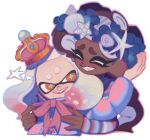  2girls black_hair bow bowtie closed_eyes commentary crown dark-skinned_female dark_skin gradient_hair head_wreath highres ka1_(k4k37) long_hair marina_(splatoon) mole mole_under_eye multicolored_hair multiple_girls multiple_moles pearl_(splatoon) pink_bow pink_bowtie pink_hair short_hair simple_background smile splatoon_(series) splatoon_3 star-shaped_pupils star_(symbol) symbol-shaped_pupils teeth tentacle_hair two-tone_hair upper_body white_background white_hair yellow_eyes 