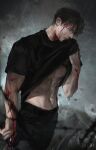  1boy absurdres black_shirt blood blood_on_face closed_mouth clothes_lift highres ilay_riegrow male_focus muscular muscular_male passion_(manhwa) rain ryeomiii shirt shirt_lift solo 