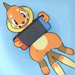  anthro buizel colrblnd countershading floating floating_on_water fur generation_4_pokemon happy holding_object light_body light_countershading logo male nintendo nintendo_switch open_mouth open_smile orange_body orange_fur partially_submerged pokeball pokeball_(marking) pokemon pokemon_(species) ripples smile solo water wide_eyed 
