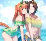 2girls absurdres animal_ears bare_shoulders blue_eyes brown_hair character_request commentary_request cowboy_shot green_eyes green_one-piece_swimsuit highres horse_ears long_hair looking_at_viewer midriff multiple_girls navel off-shoulder_one-piece_swimsuit off-shoulder_shirt off_shoulder one-piece_swimsuit orange_hair parted_lips ponytail sarong shirt short_hair short_sleeves standing stomach sugamo_(rainysnowy108) swimsuit tail thighs umamusume yellow_shirt 