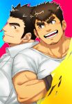  2boys arm_hair back-to-back bara blush chest_hair_peek couple facial_hair fighting_stance forked_eyebrows goatee goatee_stubble happy huge_eyebrows long_sideburns looking_at_another looking_back male_focus multiple_boys muscular muscular_male oskn_tengoku pectorals photokinesis protagonist_3_(housamo) short_hair sideburns smile stubble takabushi_kengo thick_eyebrows tokyo_afterschool_summoners two-tone_background upper_body v-shaped_eyebrows yaoi 