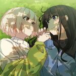  2girls absurdres artist_name black_hair black_shirt blonde_hair blue_cardigan bob_cut cardigan closed_mouth commentary dappled_sunlight day eye_contact fafayu grass green_jacket highres holding_hands inoue_takina jacket long_hair long_sleeves looking_at_another lycoris_recoil lying multiple_girls nishikigi_chisato on_back outdoors puffy_sleeves purple_eyes red_eyes shadow shirt sidelocks smile sunlight sweater twitter_username upper_body white_sweater yuri 