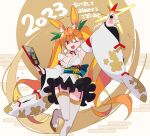  1girl 2023 animal_ear_fluff animal_ears breasts chinese_zodiac detached_sleeves floral_print garter_straps hair_ornament highres holding japanese_clothes large_breasts long_hair mzh new_year one_eye_closed open_mouth orange_hair original pom_pom_(clothes) pom_pom_hair_ornament rabbit_ears rabbit_girl solo teeth thighhighs twintails upper_teeth_only very_long_hair white_thighhighs wide_sleeves year_of_the_rabbit 