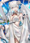 1girl bare_shoulders bikini blue_eyes blue_hair blue_sky braid breasts cleavage detached_sleeves fate/grand_order fate_(series) flower french_braid gold_trim hair_flower hair_ornament hair_ribbon highres large_breasts long_hair long_skirt long_sleeves looking_at_viewer morgan_le_fay_(fate) morgan_le_fay_(water_princess)_(fate) one_eye_closed open_mouth ponytail puffy_long_sleeves puffy_sleeves ribbon sidelocks skirt sky smile solo swimsuit thighlet tte_(t_ombi) twin_braids very_long_hair white_bikini white_hair white_skirt 