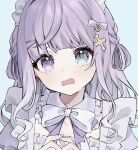  1girl blue_background blue_eyes bow bowtie commentary commission cross_hair_ornament crying hair_ornament heterochromia highres indie_virtual_youtuber mutsuki_ciel open_mouth purple_eyes purple_hair simple_background skeb_commission solo symbol-only_commentary virtual_youtuber white_bow white_bowtie yuuki_hajime 