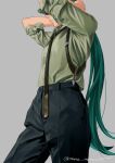  1girl black_necktie black_pants closed_mouth collared_shirt green_hair highres holding holding_hair long_hair mame_moyashi necktie pants pokemon pokemon_(game) pokemon_sv rika_(pokemon) shirt solo suspenders very_long_hair 