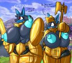  anthro armor axe between_breasts big_breasts black_body black_fur blue_body blue_fur blue_nipples bodily_fluids bouncing_breasts breasts clothed clothing duo english_text eyelashes female fur generation_4_pokemon headgear helmet hi_res huge_breasts lactating lucario melee_weapon navel nervous nintendo nipples pokemon pokemon_(species) red_eyes shield smile standing sword text topless unconvincing_armor vf-01s weapon 