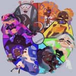  1boy 6+girls aqua_hair artist_name bare_shoulders big_man_(splatoon) black_footwear black_hair black_necktie blonde_hair blue_eyes blue_hair callie_(splatoon) character_request collared_shirt color_wheel_challenge dark-skinned_female dark_skin domino_mask frye_(splatoon) gloves gradient_hair grey_hair hair_over_one_eye highres looking_at_viewer marie_(splatoon) marina_(splatoon) mask midriff multicolored_hair multiple_girls navel necktie orange_hair pearl_(splatoon) purple_eyes purple_hair red_eyes shirt shiver_(splatoon) shoes splatoon_(series) splatoon_1 splatoon_2 splatoon_3 suction_cups sunglasses suspenders tentacle_hair vetrelex white_gloves white_shirt yellow_eyes yoko_&amp;_the_gold_bazookas_trombonist 