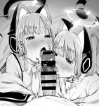  1boy 2girls animal_ear_headphones animal_ears bar_censor blue_archive blush bow cat_ear_headphones censored collared_shirt cooperative_fellatio erection fake_animal_ears fake_tail fellatio ffm_threesome greyscale group_sex hair_bow half-closed_eyes halo headphones jacket licking licking_penis midori_(blue_archive) momoi_(blue_archive) monochrome multiple_girls necktie off_shoulder open_mouth oral penis pov shirt siblings sisters smegma tail threesome tongue tongue_out umehisa 