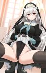  absurdres ass black_gloves black_thighhighs blue_archive blush boots breasts cameltoe covered_navel gloves grey_hair halo highres justina_follower_(blue_archive) lifted_by_self long_hair looking_at_viewer momio nun red_eyes sakurako_(blue_archive) smile spread_legs thighhighs tiptoes veil very_long_hair 