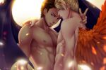  2boys angel angel_wings bishounen blonde_hair brown_eyes brown_hair commission couple dark-skinned_male dark_skin demon english_commentary facial_hair fantasy freckles hand_on_another&#039;s_shoulder interracial looking_at_viewer male_focus multiple_boys nude original toned toned_male topless_male wings yaoi yeraa 