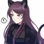  ! 1girl animal_ears aoki_shizumi black_jacket black_shirt cat_ears cat_girl cat_tail gundou_mirei gundou_mirei_(5th_costume) jacket long_hair nijisanji purple_eyes purple_hair see-through shirt simple_background slit_pupils solo spoken_exclamation_mark tail very_long_hair white_background 