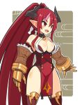  1girl :d breasts cleavage cowboy_shot disgaea gauntlets higan_zesshousai highres large_breasts legs_apart leotard long_hair looking_to_the_side makai_senki_disgaea_7 multicolored_hair open_mouth pink_hair pointy_ears ponytail red_eyes red_hair red_leotard red_thighhighs shiny_skin smile solo standing streaked_hair suaman tabard tassel thick_eyebrows thighhighs thighs two-tone_hair very_long_hair 