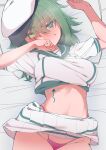  1girl absurdres arrow_(symbol) blue_eyes blush breasts clothes_lift green_hair hair_between_eyes hat heterochromia highleg highleg_panties highres kantai_collection kiso_(kancolle) kiso_kai_ni_(kancolle) looking_at_viewer lying medium_breasts medium_hair midriff nose_blush on_back panties pink_panties pleated_skirt sailor_collar scar scar_across_eye school_uniform serafuku shiawase_hougan shirt_lift short_sleeves skirt skirt_lift solo sweat underwear white_headwear white_skirt yellow_eyes 