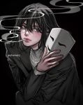  1girl artist_name black_background black_eyes black_hair cigarette commentary english_commentary evie_(baoxiao) han_sooyoung highres holding holding_mask jewelry long_sleeves mask medium_hair mole mole_under_eye mouth_hold necklace omniscient_reader&#039;s_viewpoint smoke smoking solo 