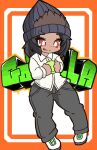  1girl 8281925 :p alternate_costume beanie black_pants bright_pupils brown_eyes brown_hair character_name chibi closed_mouth dark-skinned_female dark_skin eyebrows_visible_through_hat full_body gorilla_(kemono_friends) hair_through_headwear hat holding kemono_friends long_sleeves medium_hair multicolored_hair pants shirt shoes smile sneakers solo tongue tongue_out two-tone_hair white_pupils white_shirt 