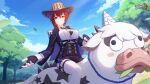  1girl animal black_gloves black_shorts blue_sky breasts chinese_clothes cloud cloudy_sky cow cowboy_hat day gloves hair_between_eyes hat highres honkai_(series) honkai_impact_3rd large_breasts logo looking_at_viewer meme murata_himeko murata_himeko_(arctic_kriegsmesser) official_art official_wallpaper on_animal outdoors pants partially_fingerless_gloves red_hair riding shorts sky smile straddling teri_derp_(meme) tree white_pants yellow_eyes 