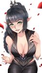  1girl artist_name baldur&#039;s_gate baldur&#039;s_gate_3 bare_shoulders biting_own_lip black_hair black_pants black_shirt blunt_bangs blush braid braided_ponytail breasts cleavage commentary dungeons_and_dragons elf english_commentary falling_petals fingernails green_eyes grin hair_ornament highres lips long_hair medium_breasts pants petals pink_lips pixie_(pixieinktvis) pointy_ears scar scar_on_face shadowheart_(baldur&#039;s_gate) shirt simple_background sitting sleeveless sleeveless_shirt smile solo white_background 