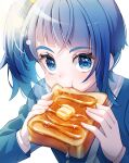  1girl blue_eyes blue_hair blue_shirt butter eating food hirogaru_sky!_precure holding holding_food long_hair long_sleeves looking_at_viewer maple_syrup osarutukamaeru precure shirt side_ponytail simple_background solo sora_harewataru syrup toast white_background 