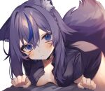 1girl animal_ear_fluff animal_ears asano_yoru asano_yoru_(artist) bent_over black_choker black_shirt blue_eyes blue_hair breasts check_commentary choker commentary_request fox_ears fox_girl fox_tail highres indie_virtual_youtuber long_sleeves looking_at_viewer medium_breasts multicolored_hair no_bra no_pants open_clothes open_shirt purple_hair shirt streaked_hair tail two-tone_hair virtual_youtuber 