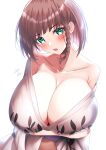  1girl absurdres braid breasts brown_hair charlotte_corday_(fate) cleavage fate/grand_order fate_(series) green_eyes highres large_breasts lee-taro looking_at_viewer naked_robe open_clothes open_mouth robe solo white_background white_robe 