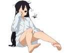 1girl absurdres barefoot black_hair brown_eyes collared_shirt commentary_request feet full_body hair_down highres k-on! kicchi_(tmgk) long_hair long_sleeves nakano_azusa shirt sidelocks signature simple_background sitting solo very_long_hair waking_up white_background white_shirt 