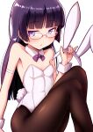  1girl animal_ears armband black_hair black_leotard bow bowtie breasts detached_collar fake_animal_ears gokou_ruri highres leotard long_hair mole mole_under_eye ore_no_imouto_ga_konna_ni_kawaii_wake_ga_nai pantyhose playboy_bunny purple_bow purple_bowtie purple_eyes rabbit_ears rabbit_tail simple_background sitting small_breasts solo tail takatsuki_akira white_background white_leotard wrist_cuffs 