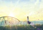  1girl bicycle blue_sailor_collar blue_skirt bridge ground_vehicle highres neckerchief original outdoors petals red_neckerchief sailor_collar scenery school_uniform serafuku shirt shurock signature skirt sky solo sunset white_shirt 