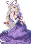  1girl absurdres arm_support blonde_hair bow breasts choker dress elbow_gloves frills gloves gunnjou_yosio hair_bow hand_on_own_cheek hand_on_own_face hat highres large_breasts long_hair looking_at_viewer mob_cap on_floor open_mouth purple_dress purple_eyes red_bow red_choker sitting solo touhou white_background white_gloves yakumo_yukari yokozuwari 