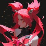  1girl absurdres asami_okutoshioku bare_shoulders black_background blush breasts closed_mouth hair_ornament highres jinx_(league_of_legends) league_of_legends long_hair magical_girl official_alternate_costume official_alternate_hair_color red_eyes red_hair simple_background solo star_(symbol) star_guardian_(league_of_legends) star_guardian_jinx twintails 