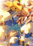  1girl ampharos closed_eyes commentary_request dated dress fluffy hair_bobbles hair_ornament highres horns jasmine_(pokemon) lanter_qwq light_brown_hair lying mareep open_mouth pokemon pokemon_(creature) pokemon_(game) pokemon_hgss sheep smile solid_circle_eyes 