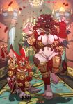  2023 anthro arena armor atryl big_breasts blizzard_entertainment blush bottomless bovid bovine breasts butt butt_slap canid cleavage clothed clothing duo embarrassed female genitals gladiator hi_res holding_clothing holding_object holding_panties holding_underwear male mammal panties partners pussy red_mark shawasha_(duskthebatpack) shield size_difference skimpy skimpy_armor slap smaller_male smug_grin taller_female tauren underwear victory vulpera warcraft warrior weapon zandai_(duskthebatpack) 