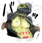  anthro areola biped breasts clothing female flashing green_body gyu_hydrogen lizardman nipples scalie simple_background solo white_background yellow_eyes 